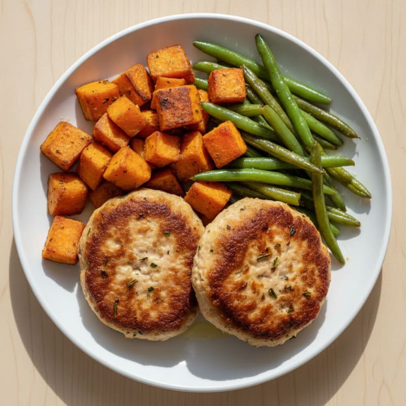 Seared Turkey Patties with Roasted Sweet Potato and Green Beans