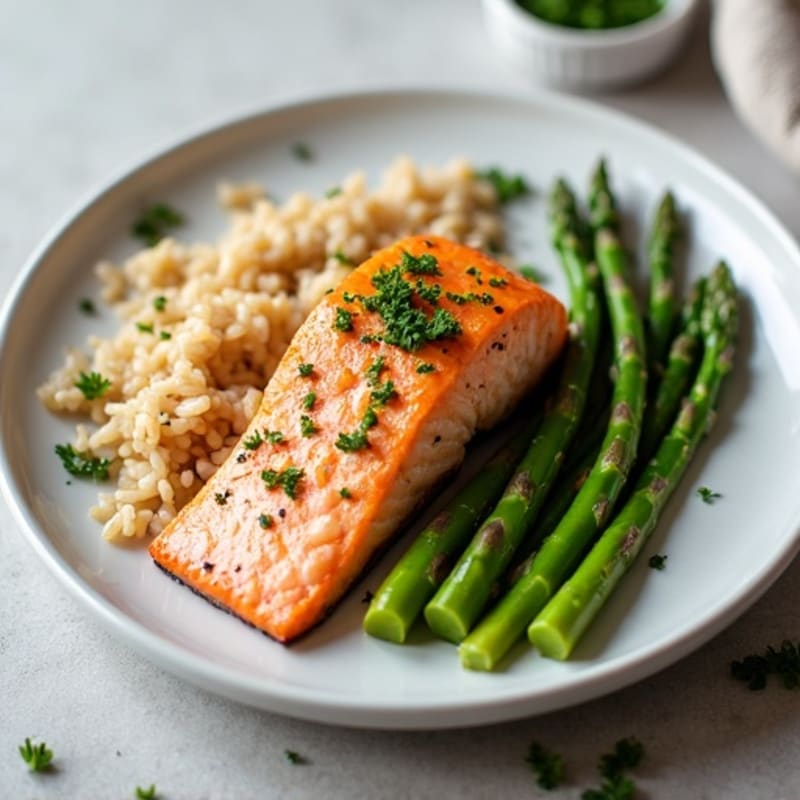 Seared Salmon with Steamed Asparagus and Brown Rice