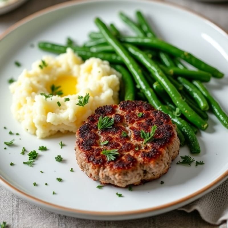 Seared Hamburger Patty with Herb Mashed Potatoes and Sautéed Green Beans