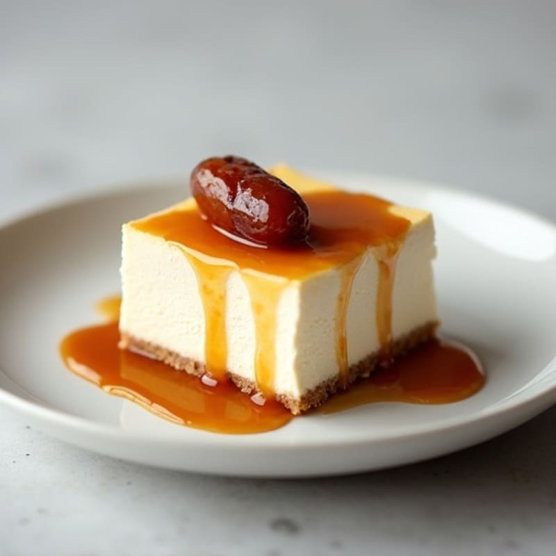 Greek Yogurt Vanilla Bean Cheesecake with Date Caramel Drizzle