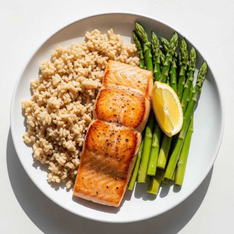 Seared Salmon with Steamed Asparagus and Brown Rice