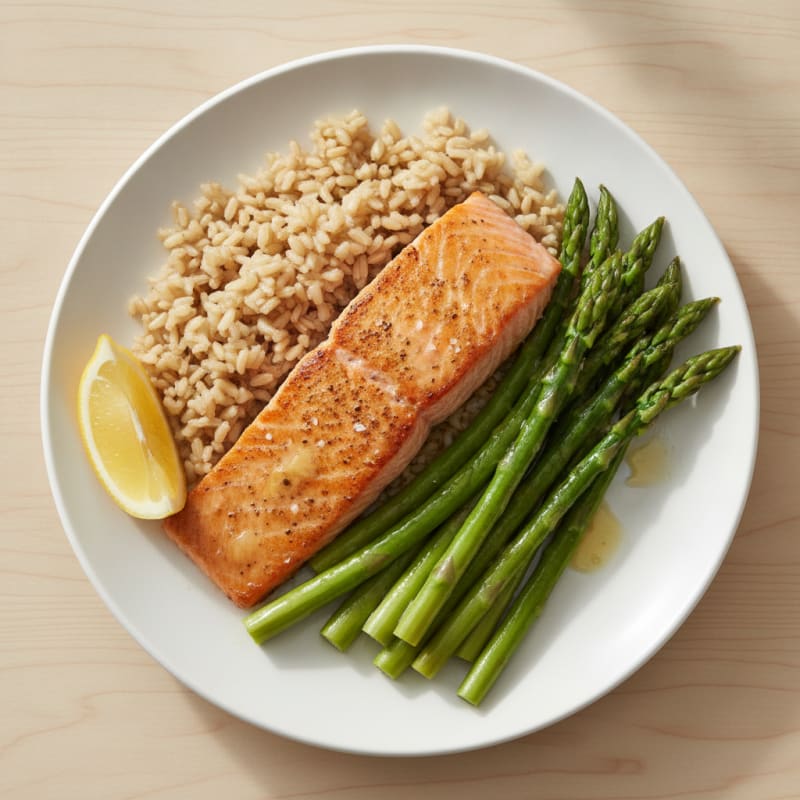 Seared Salmon Filet with Steamed Asparagus and Brown Rice