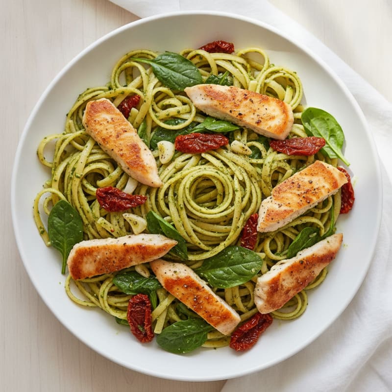 Pesto Chicken Linguine with Sun-Dried Tomatoes