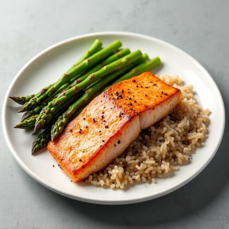 Seared Salmon with Steamed Asparagus and Brown Rice