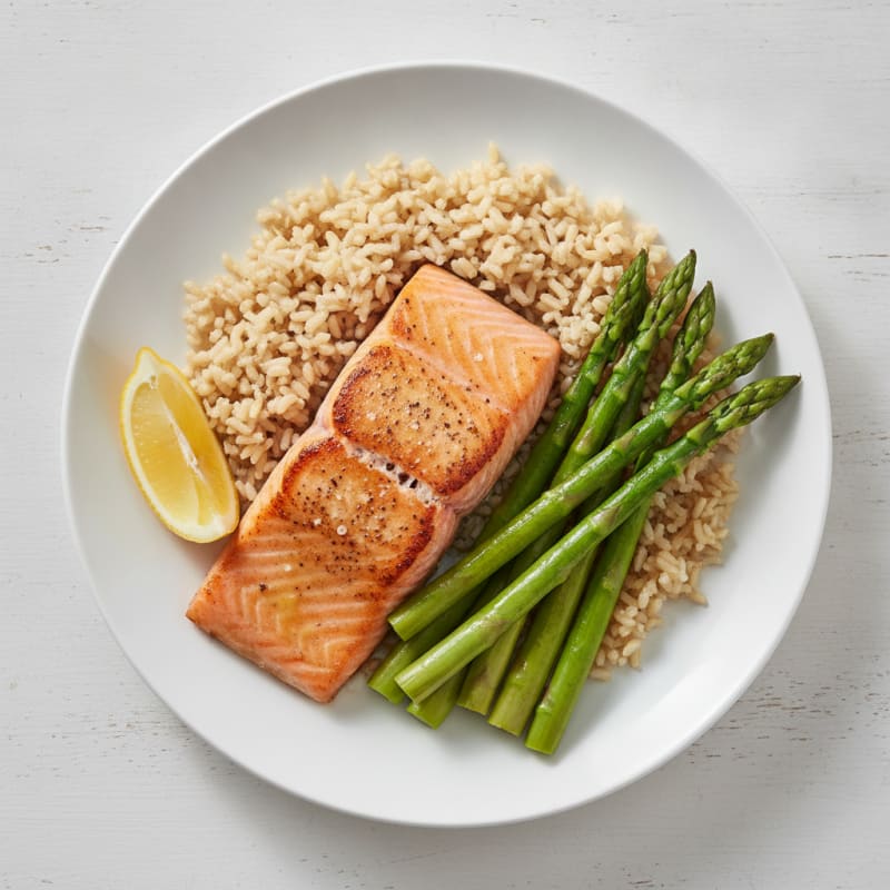 Seared Salmon with Steamed Asparagus and Brown Rice