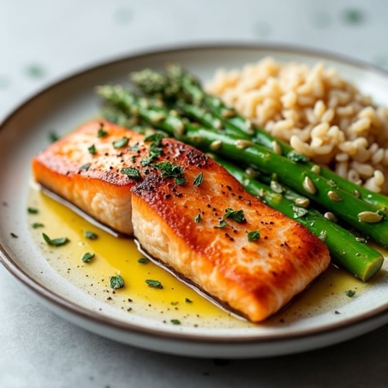 Seared Salmon with Steamed Asparagus and Brown Rice