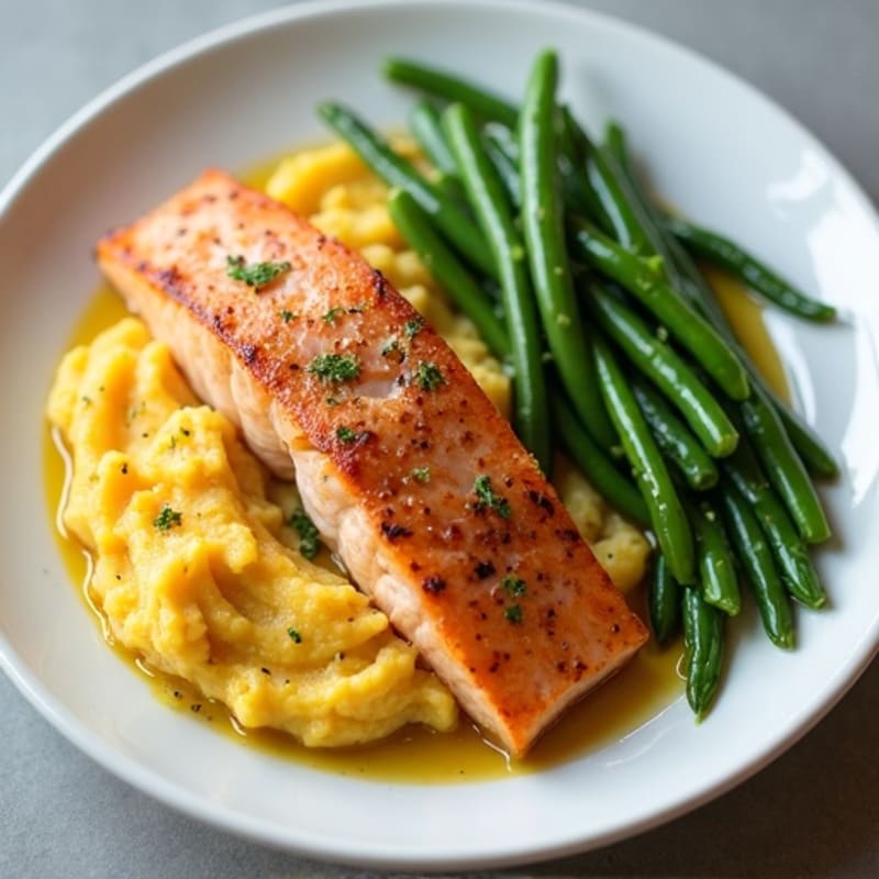 Seared Salmon with Steamed Green Beans and Mashed Sweet Potato