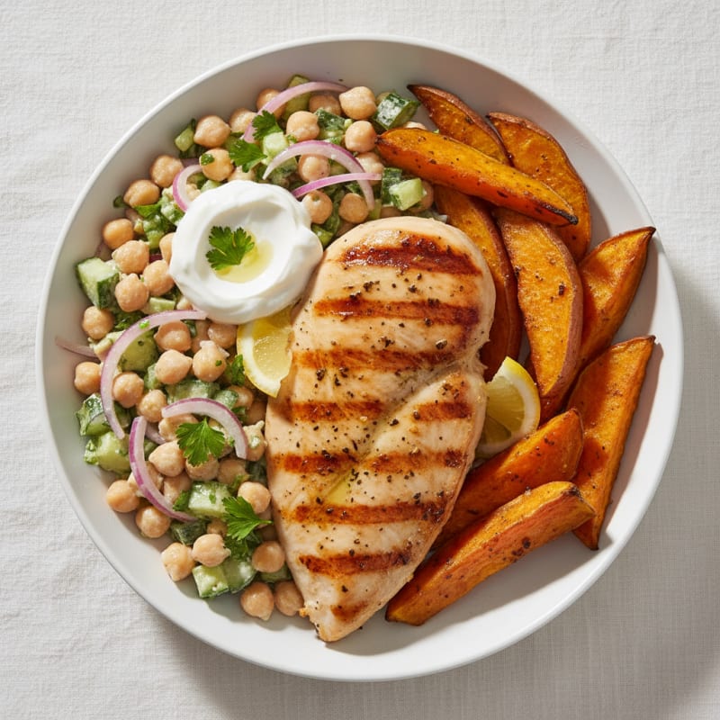 Grilled Chicken Breast with Creamy Chickpea Salad and Roasted Sweet Potatoes