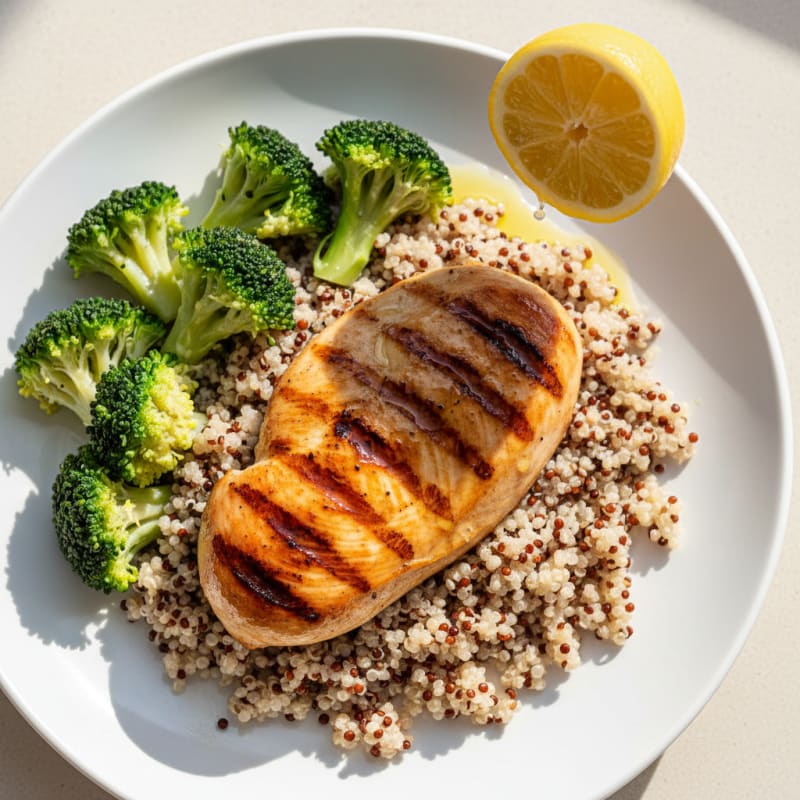 Grilled Chicken Breast with Steamed Broccoli and Quinoa