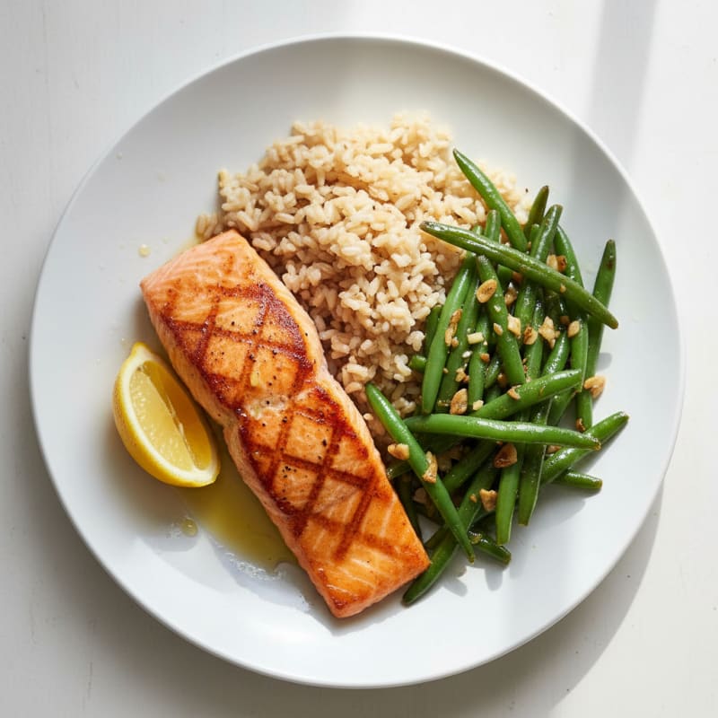 Seared Salmon with Garlic Green Beans and Brown Rice