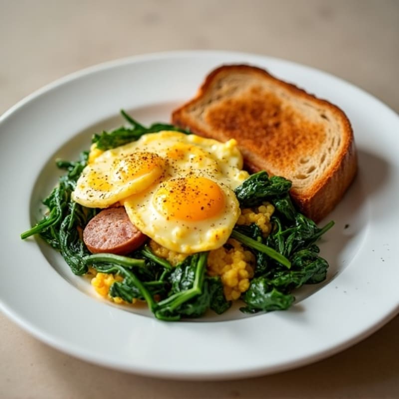 Egg White and Turkey Sausage Scramble with Sautéed Spinach