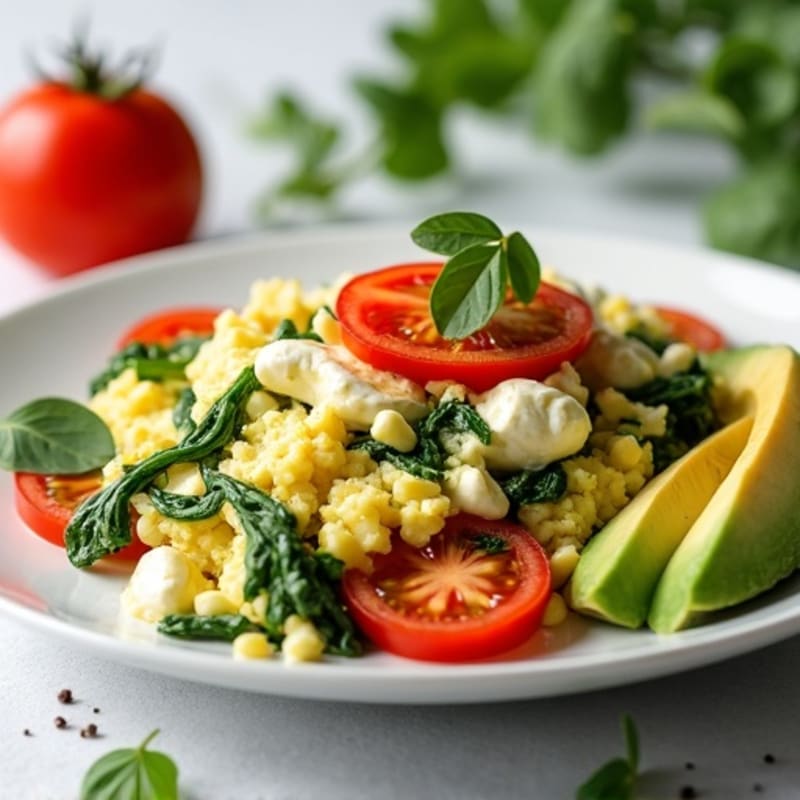 Egg White Spinach Scramble with Cottage Cheese and Sliced Tomatoes