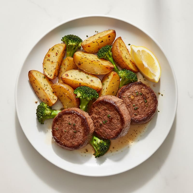 Lean Steak Medallions with Herb-Roasted Potatoes and Broccoli