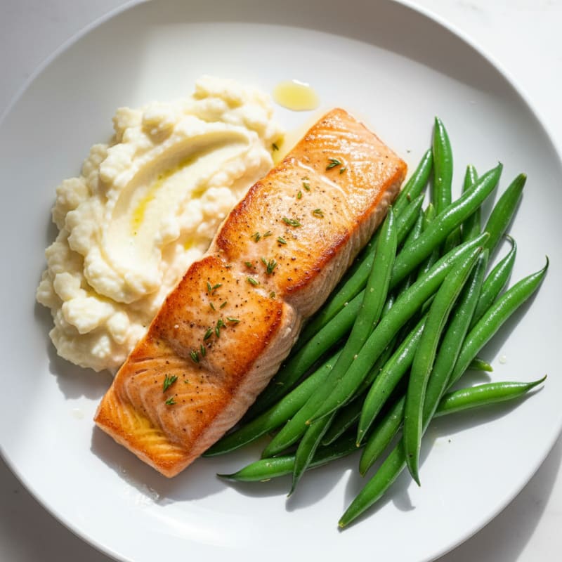 Seared Salmon with Steamed Green Beans and Garlic Mashed Cauliflower