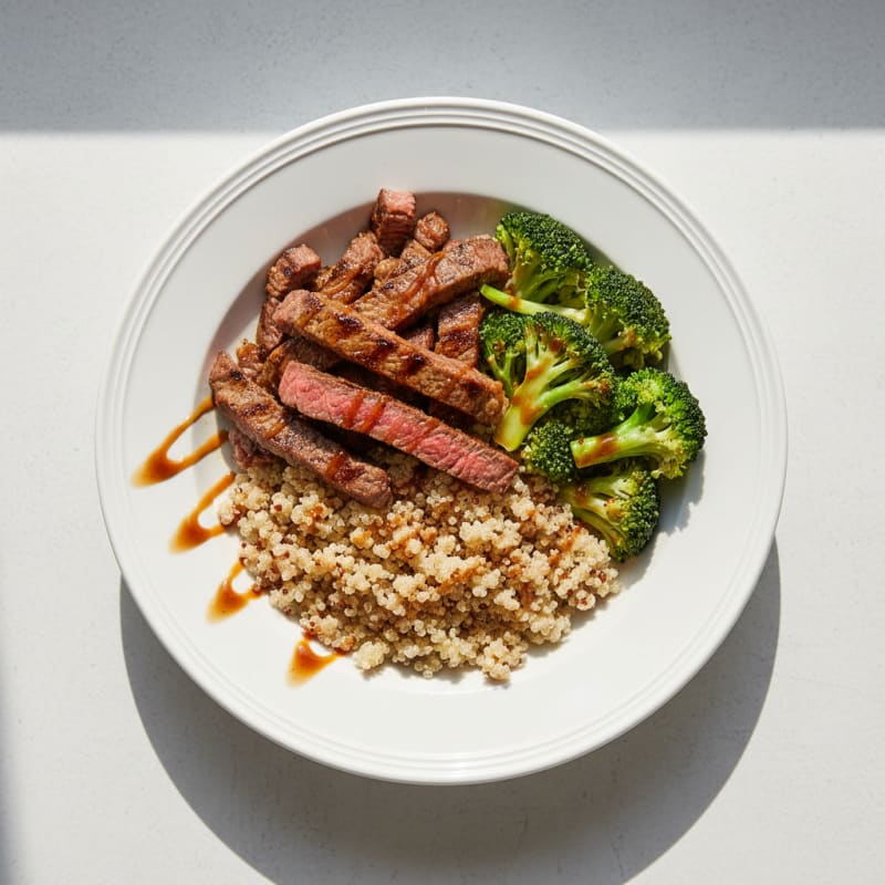 Seared Lean Beef Strips with Steamed Broccoli and Quinoa