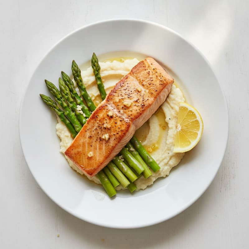Seared Salmon with Steamed Asparagus and Cauliflower Mash