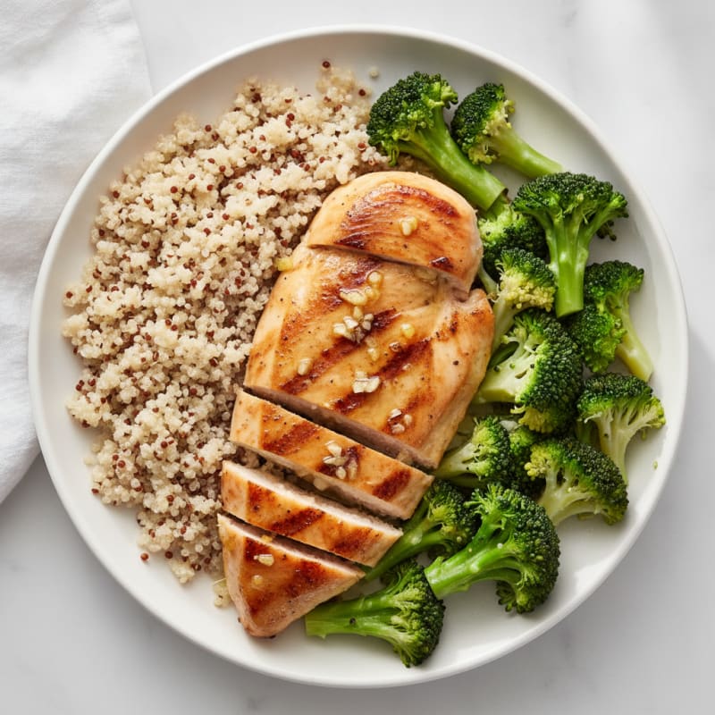 Grilled Lemon-Garlic Chicken Breast with Quinoa and Steamed Broccoli