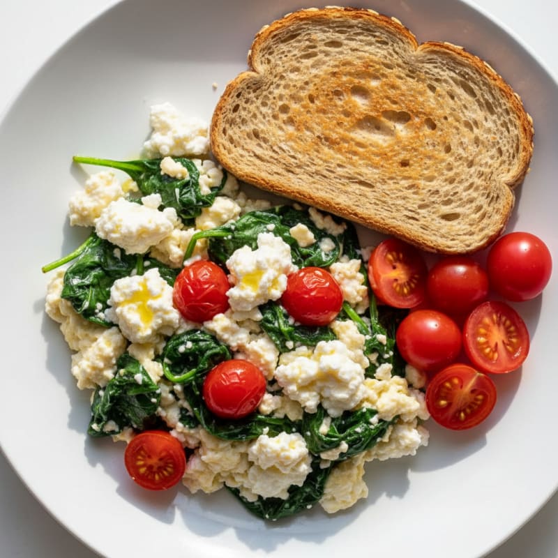 Egg White and Spinach Scramble with Cottage Cheese and Fresh Tomatoes