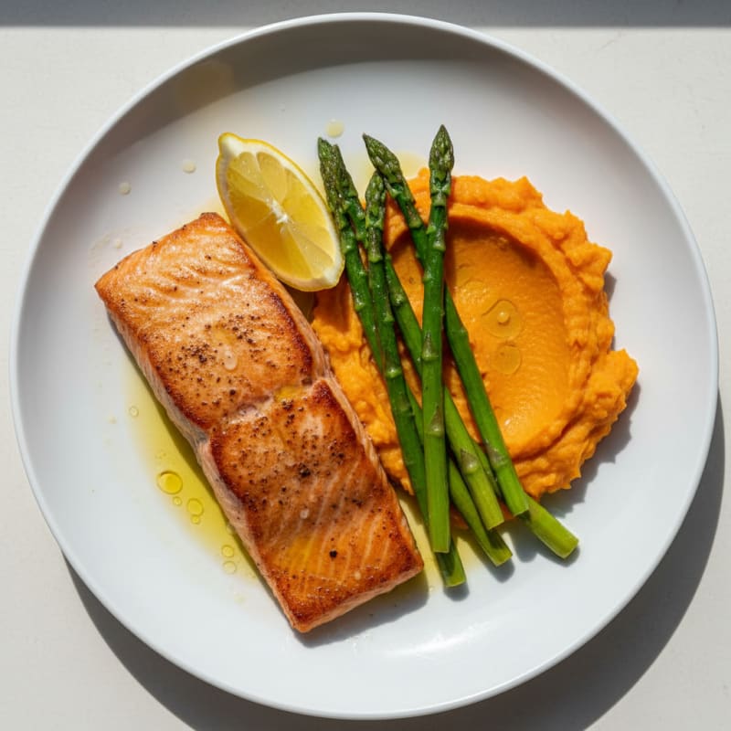 Seared Salmon Fillet with Roasted Asparagus and Sweet Potato Mash
