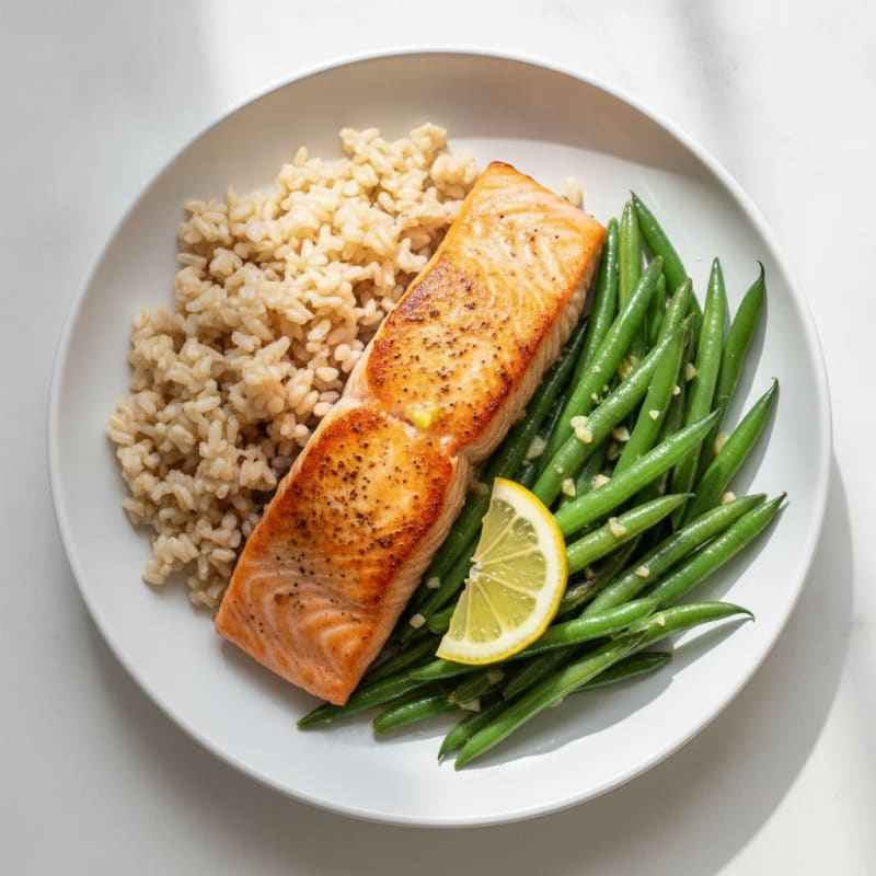 Seared Salmon with Garlic Green Beans and Brown Rice
