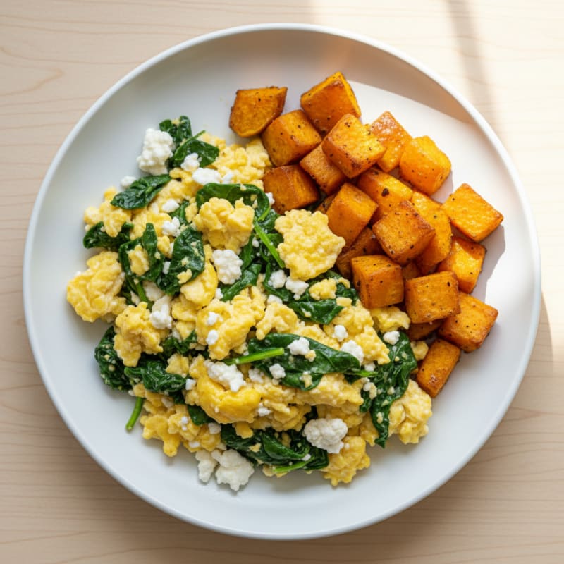 Cottage Cheese Scramble with Spinach and Roasted Sweet Potato