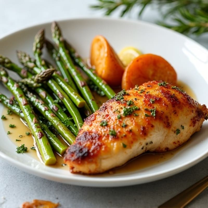 Crispy Lemon-Herb Roasted Chicken with Roasted Asparagus and Sweet Potatoes