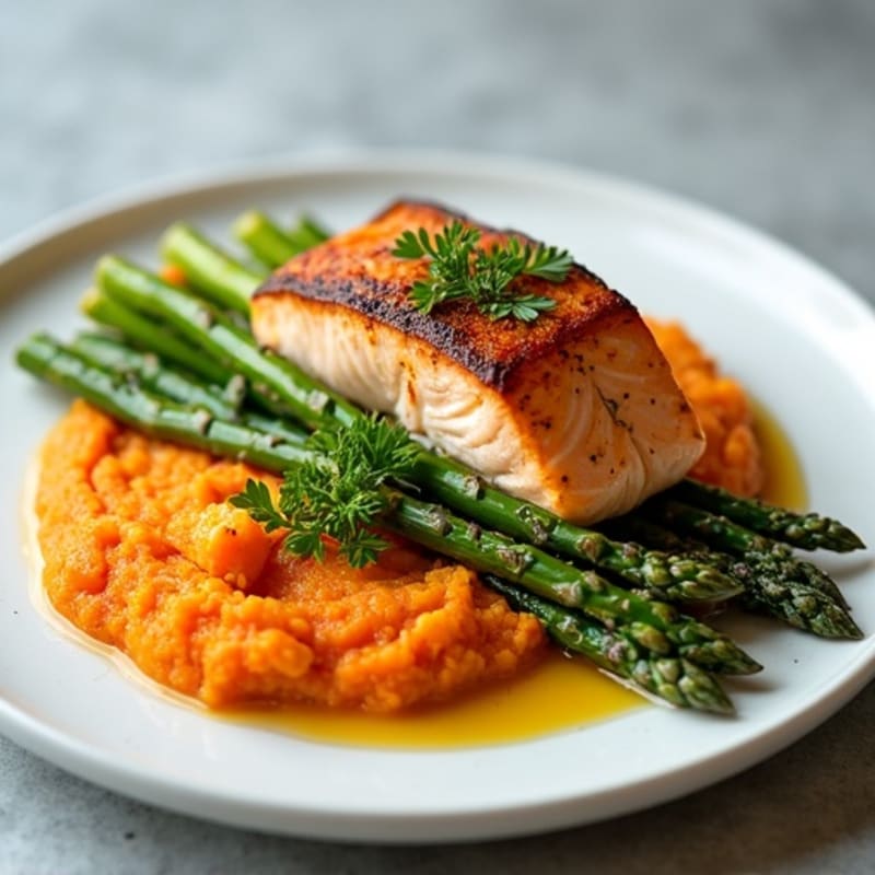 Seared Salmon with Roasted Asparagus and Sweet Potato Mash