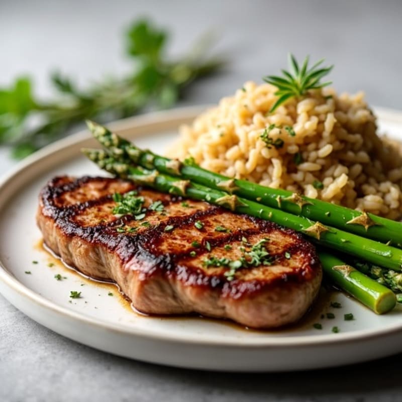 Garlic Herb Pan-Seared Steak with Brown Rice and Roasted Asparagus