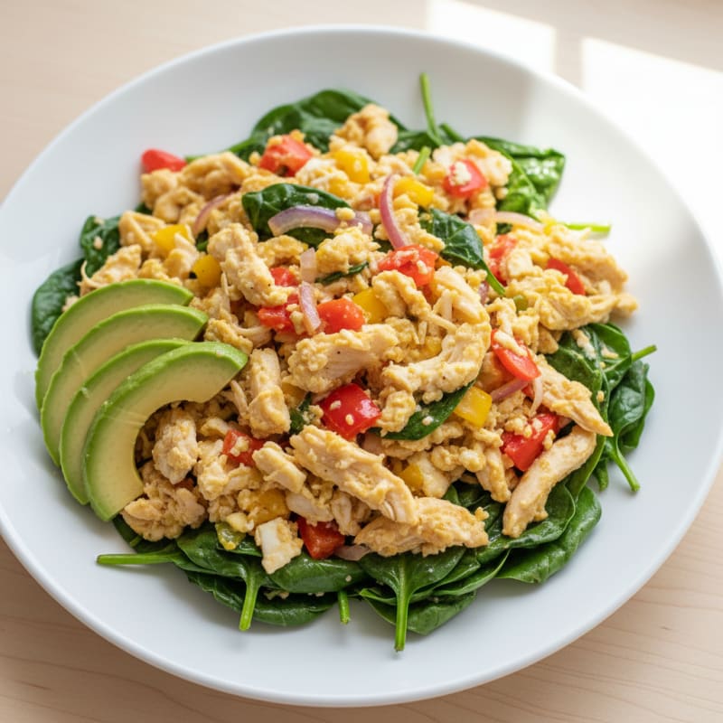 Egg White and Chicken Veggie Scramble with Sautéed Spinach
