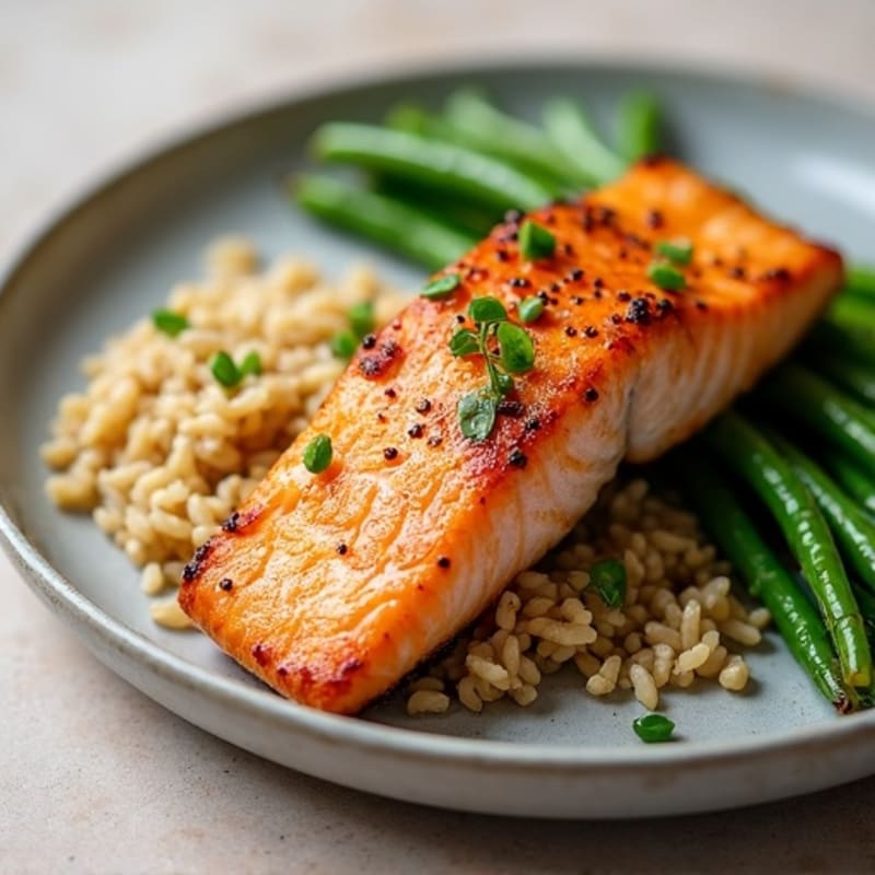 Seared Salmon with Garlic Green Beans and Brown Rice