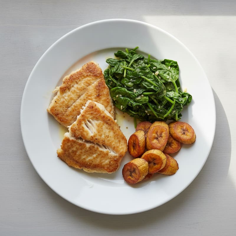 Seared Tilapia with Garlic-Lime Spinach and Roasted Plantains