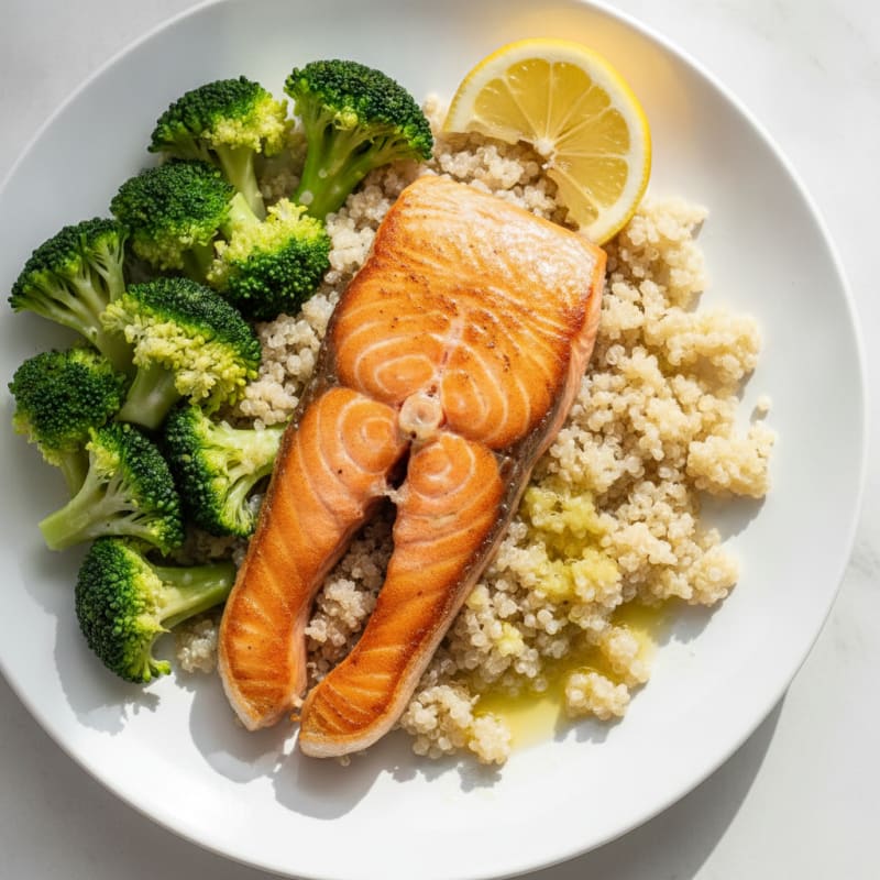 Seared Salmon with Steamed Broccoli and Quinoa