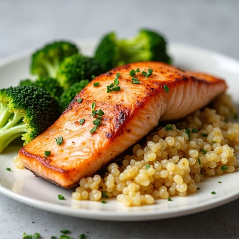 Seared Salmon Fillet with Roasted Broccoli and Lemon Quinoa