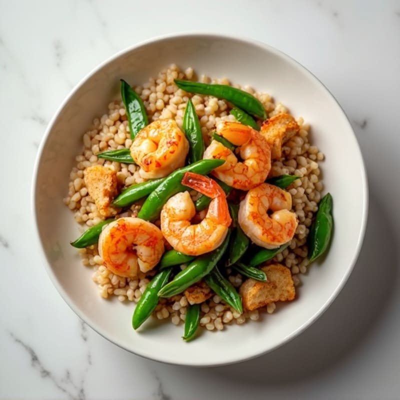 Seared Shrimp and Chicken Stir-Fry with Snap Peas and Brown Rice