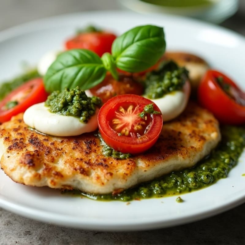 Pan-Seared Chicken with Creamy Mozzarella, Fresh Tomatoes, and Basil Pesto