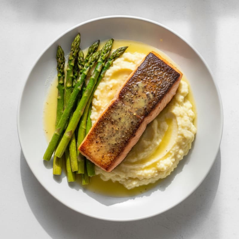 Seared Salmon with Roasted Asparagus and Cauliflower Mash