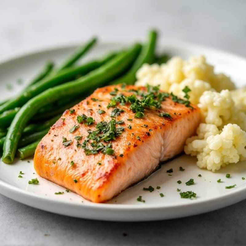 Seared Salmon with Steamed Green Beans and Garlic Mashed Cauliflower