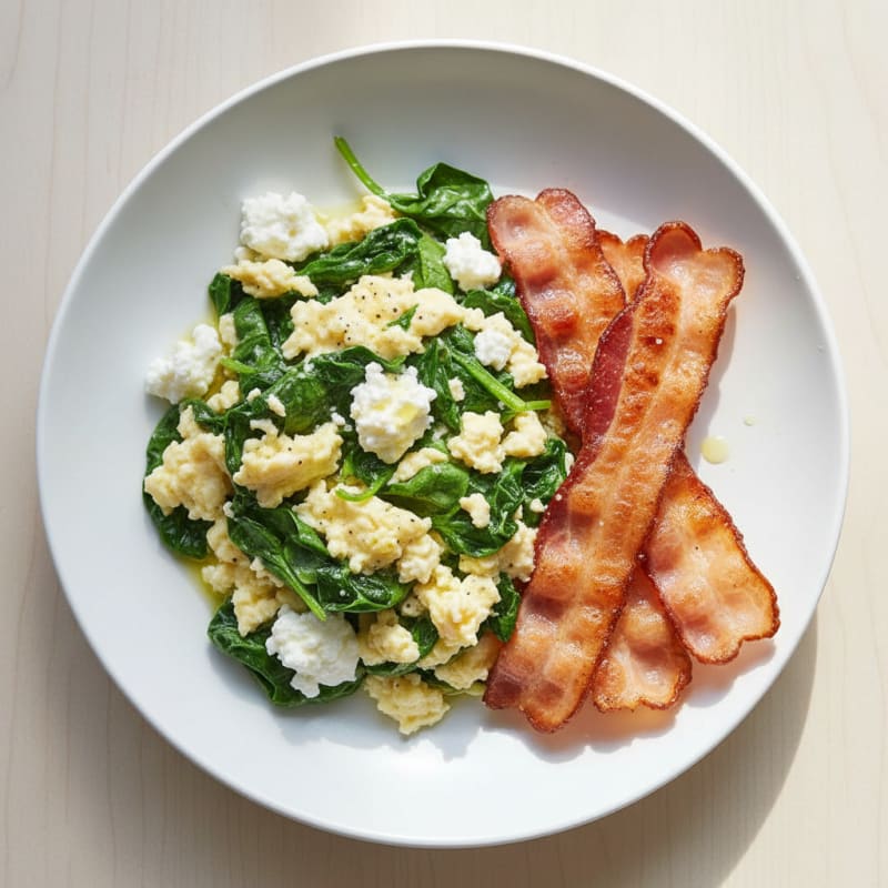 Cottage Cheese Scramble with Spinach and Turkey Bacon