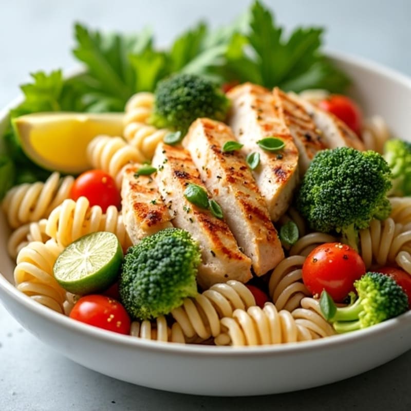 Grilled Chicken Pasta Salad with Broccoli and Cherry Tomatoes