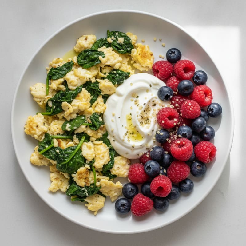 Egg White Spinach Scramble with Greek Yogurt and Berries