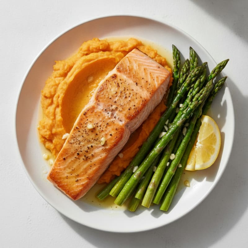 Seared Salmon with Roasted Asparagus and Sweet Potato Mash