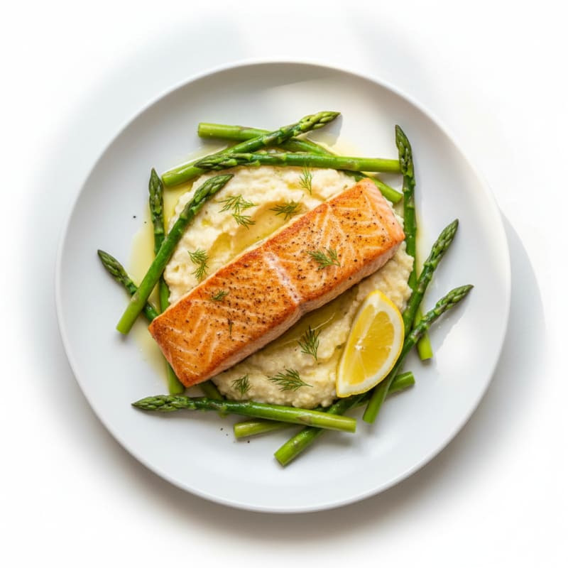 Seared Salmon with Steamed Asparagus and Cauliflower Mash