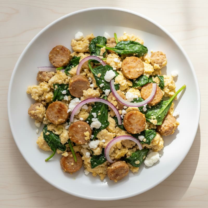 Egg White Scramble with Turkey Sausage and Sautéed Spinach