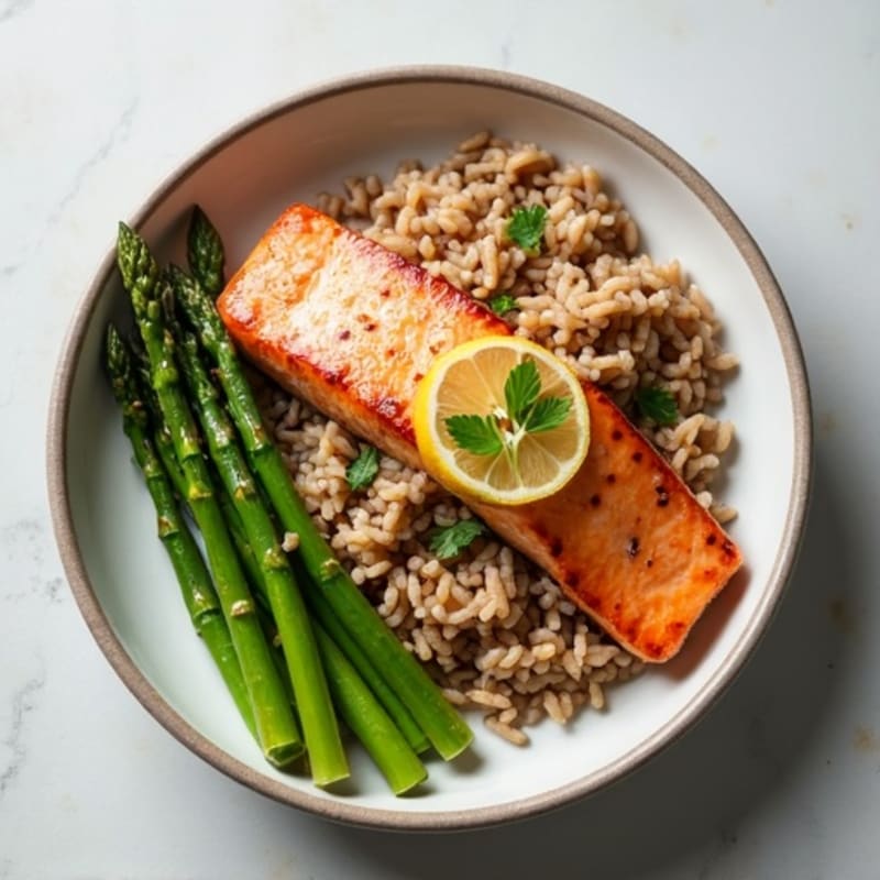 Seared Salmon Fillet with Steamed Asparagus and Brown Rice