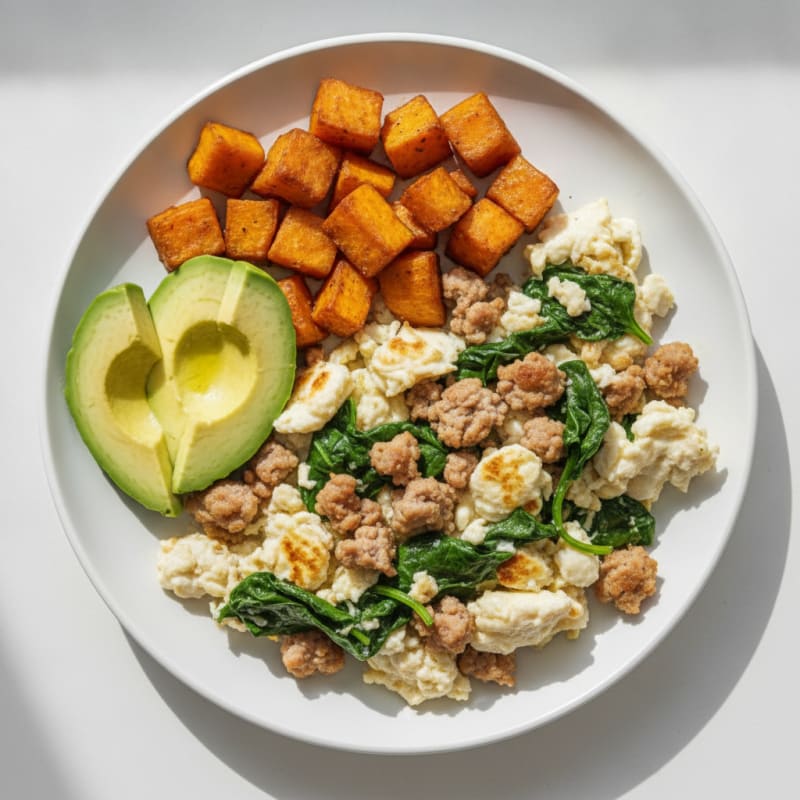 Egg White and Turkey Sausage Scramble with Sautéed Spinach