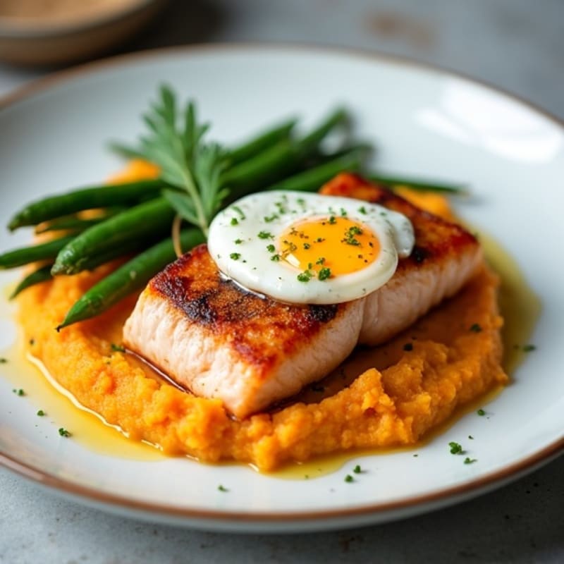 Seared Salmon with Garlic Green Beans and Sweet Potato Mash