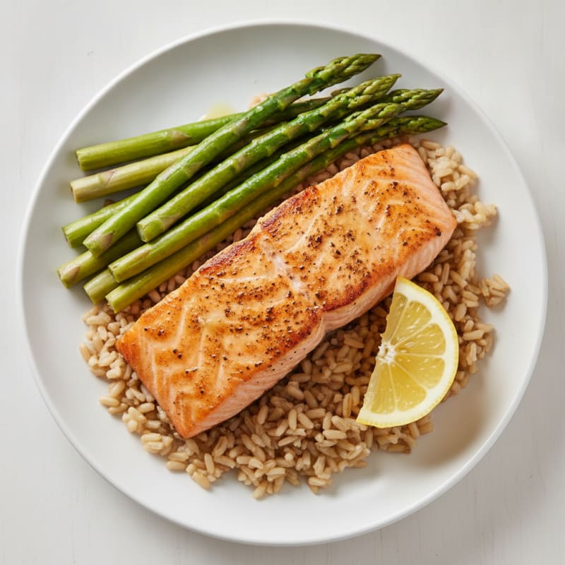 Seared Salmon with Steamed Asparagus and Brown Rice