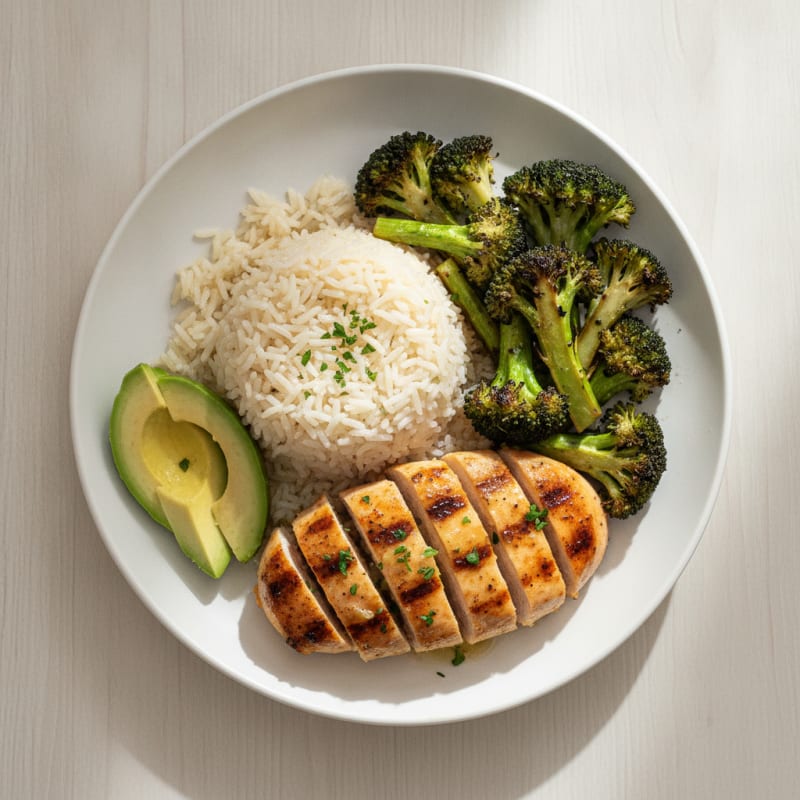 Grilled Chicken Breast with Steamed Rice and Roasted Broccoli