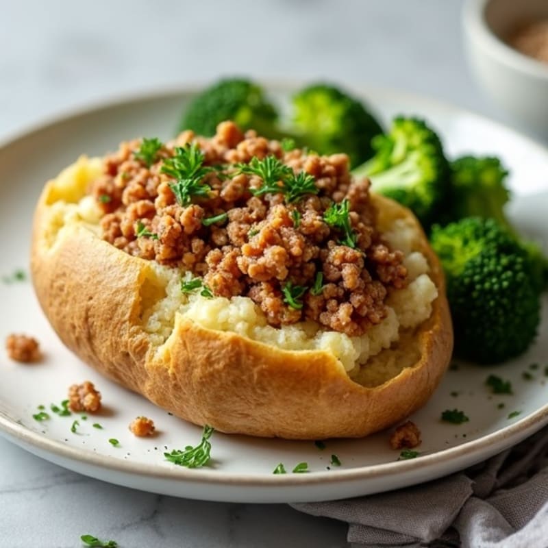 Fluffy Baked Potato with Lean Ground Turkey and Crispy Broccoli