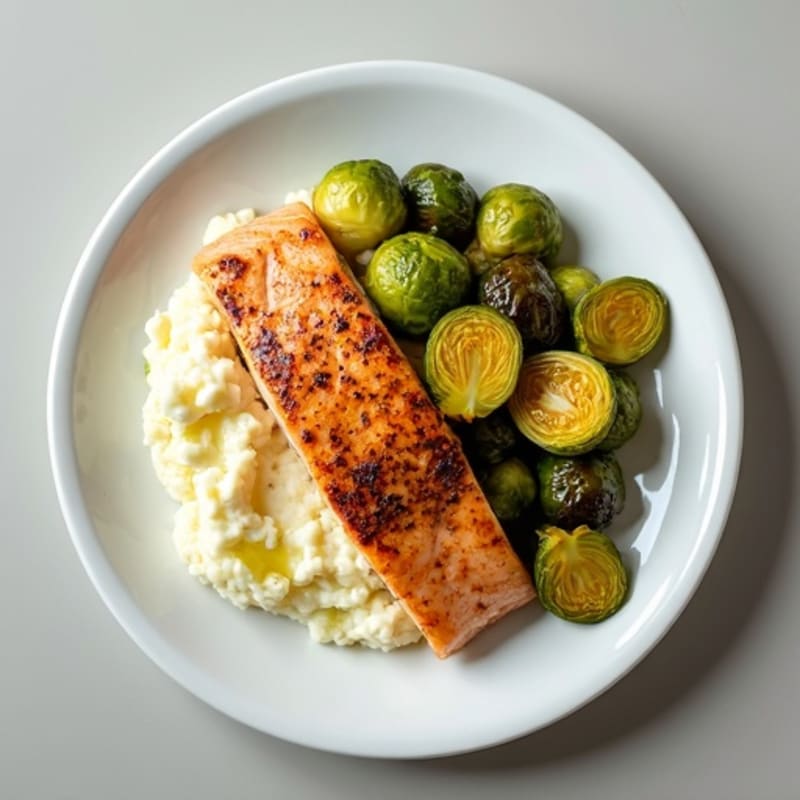 Seared Salmon with Roasted Brussels Sprouts and Cauliflower Mash
